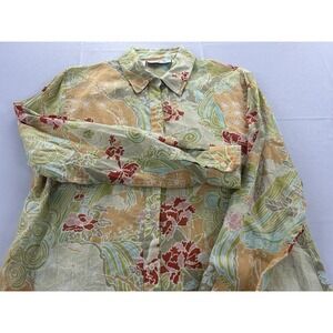 Alice Blue 100% Linen Shirt Womens M Scenic Bird Floral Roll Tab Button Top